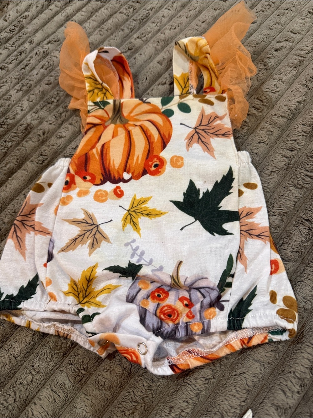 Girls White Pumpkin Print Romper with Orange Ruffle Straps